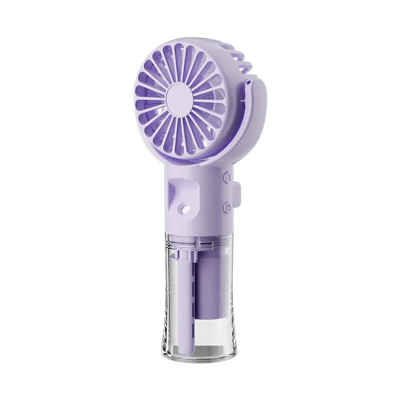 Handheld misting fan with transparent water tank showing multiple colour options including black, white, and pink