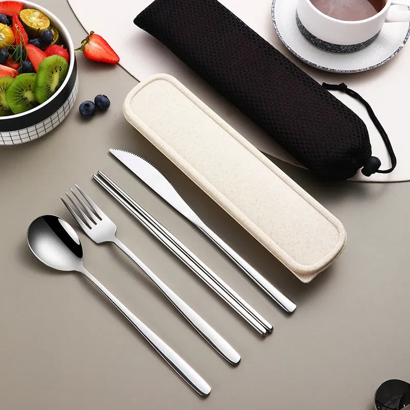 304 stainless steel portable cutlery set with gold knife fork spoon and mesh bag