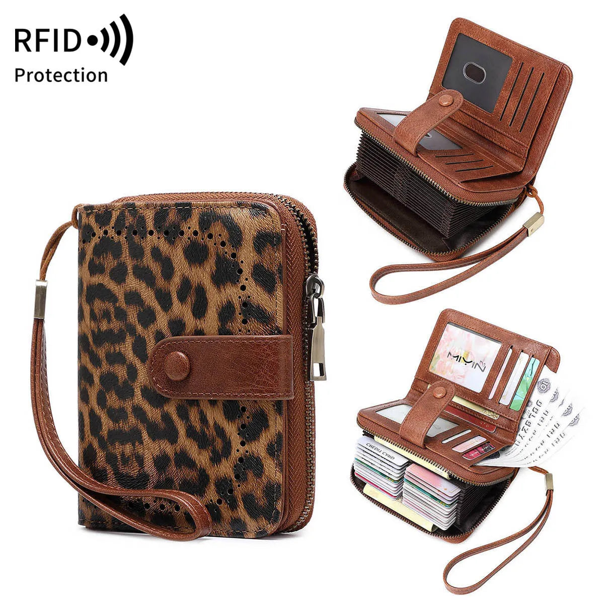 Leopard print small multifunctional zipper wallet with card slots and contrast stitching