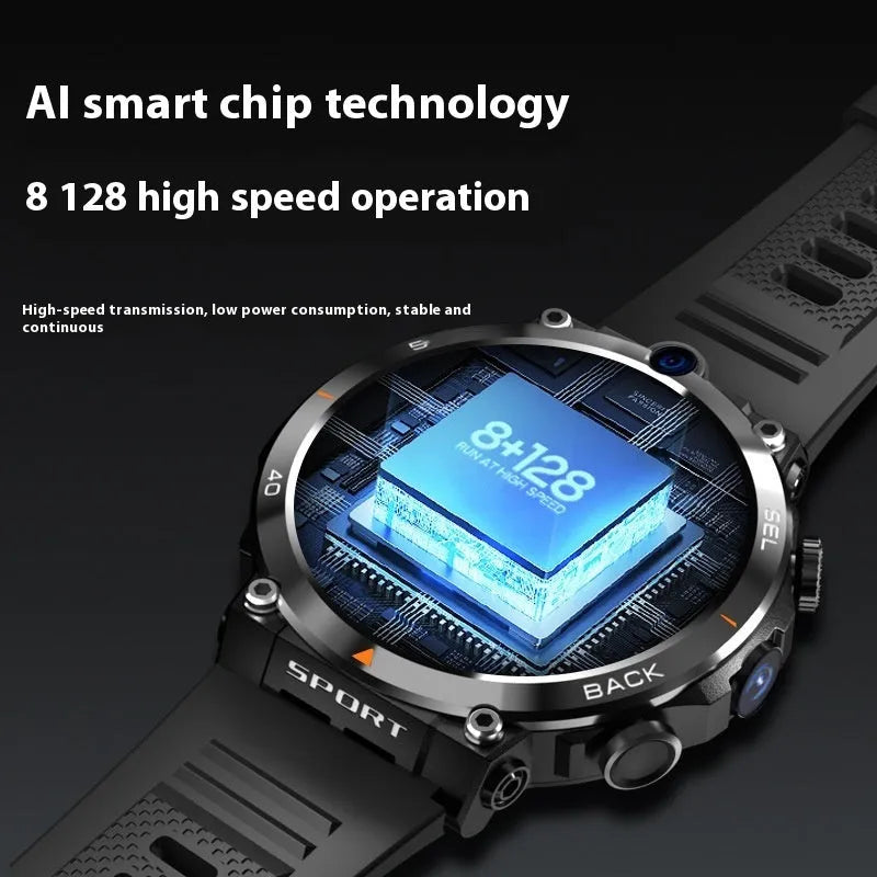 Sports smartwatch with dual cameras, touchscreen display, GPS positioning and heart rate monitoring features