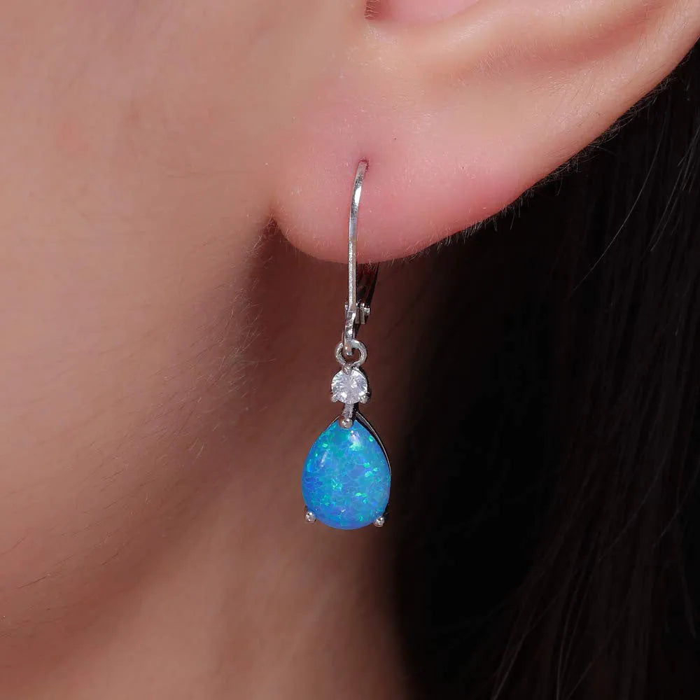 Blue water drop earrings for women with leaf, U-shaped and geometric copper zircon design