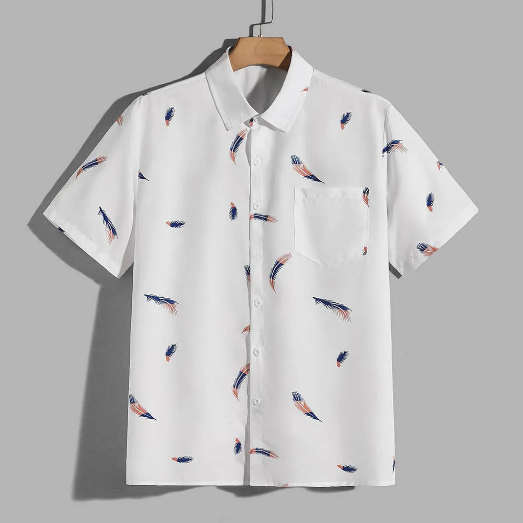 Men's feather pocket short sleeve cotton blend cardigan in white, yellow, and blue print, front view.