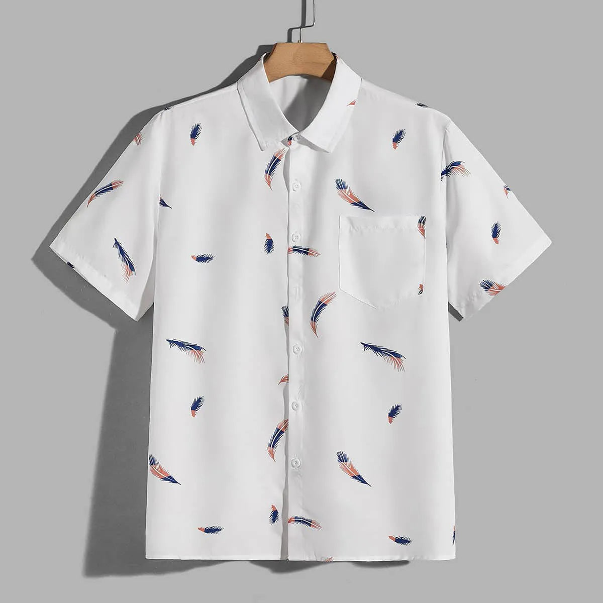 Men's feather pocket short sleeve cotton blend cardigan in white, yellow, and blue print, front view.