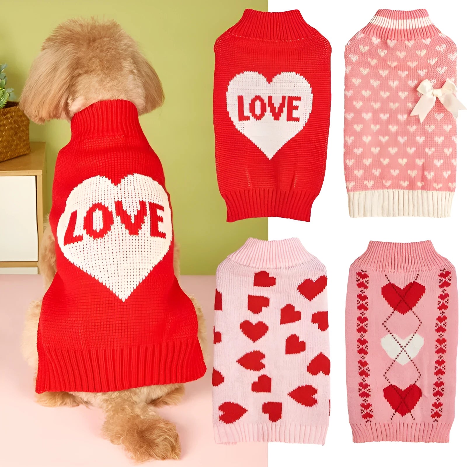 Red love heart and pink bow design dog sweater in acrylic knit pet clothing