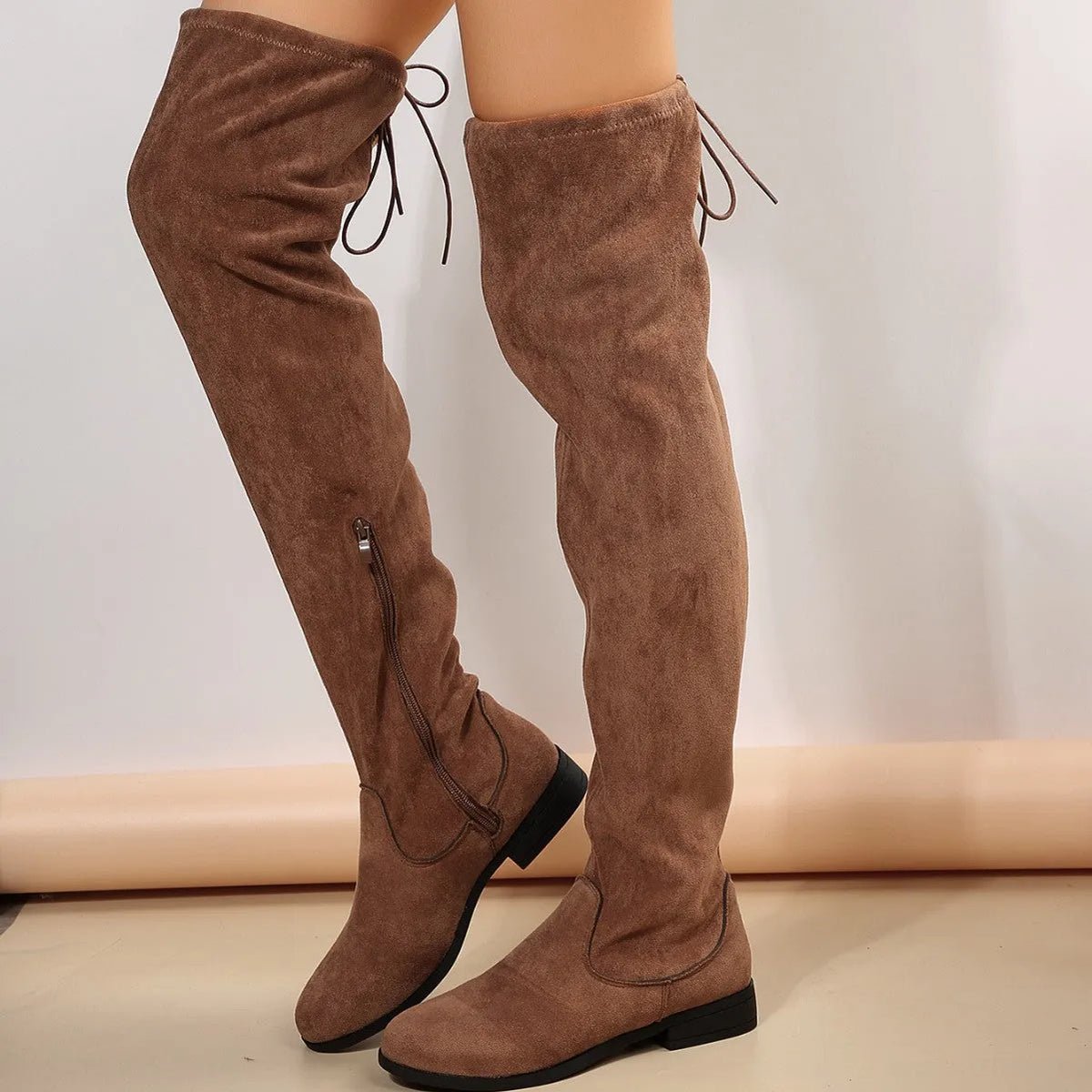 Black and brown plus size over-the-knee suede Martin boots with low 1-3cm heel, round toe and rubber sole, sizes 36-43