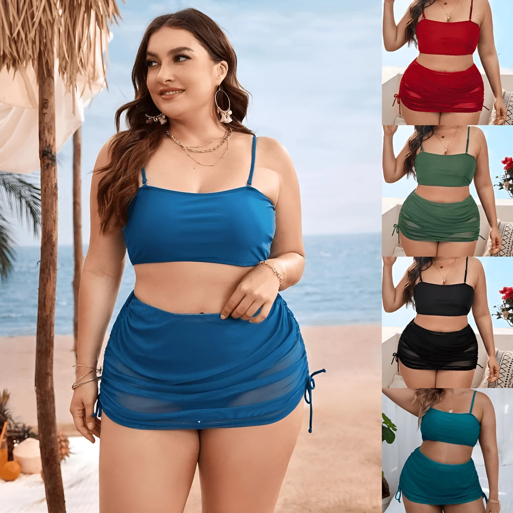 Women's mesh bikini three-piece set in solid colour with top, underwear, and apron