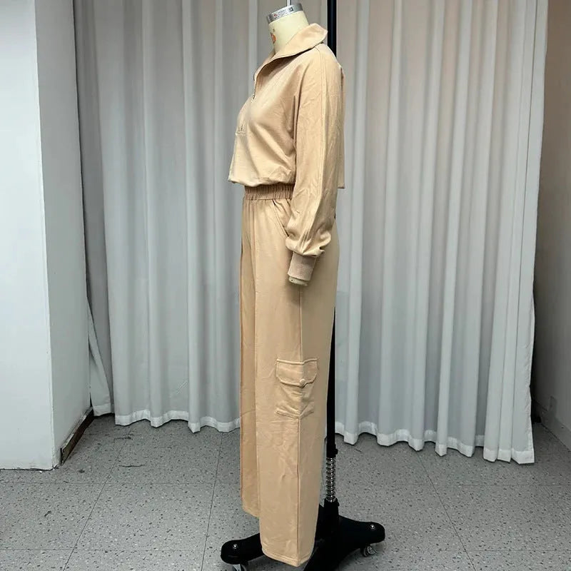Women's light camel polyester lapel top and high waist wide leg trousers two-piece workwear set