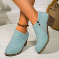 Women's chunky heel round toe ankle boots with side zipper in synthetic leather, black colour