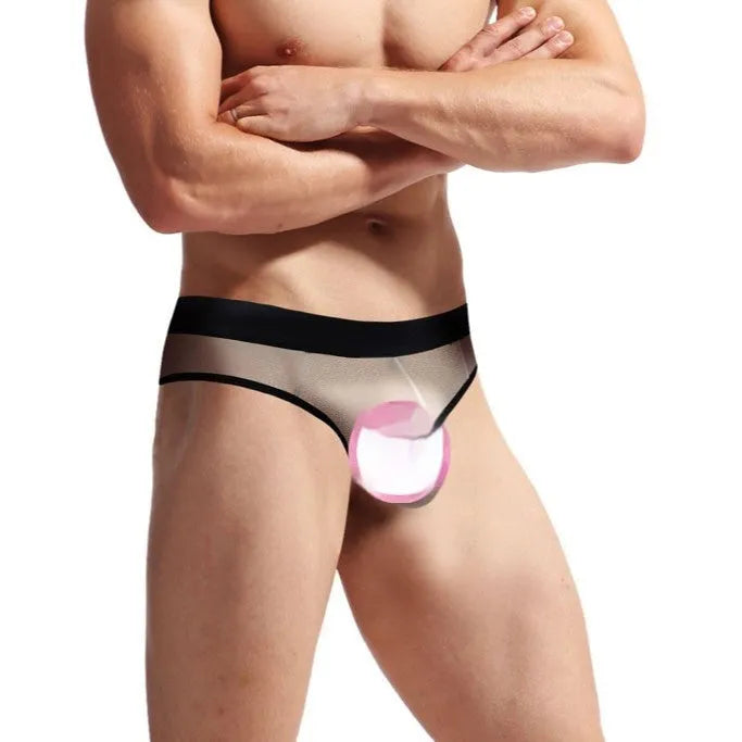 Men's mesh back triangle shorts in black or skin colour, nylon free size with elastic waist stretching 35cm to 55cm