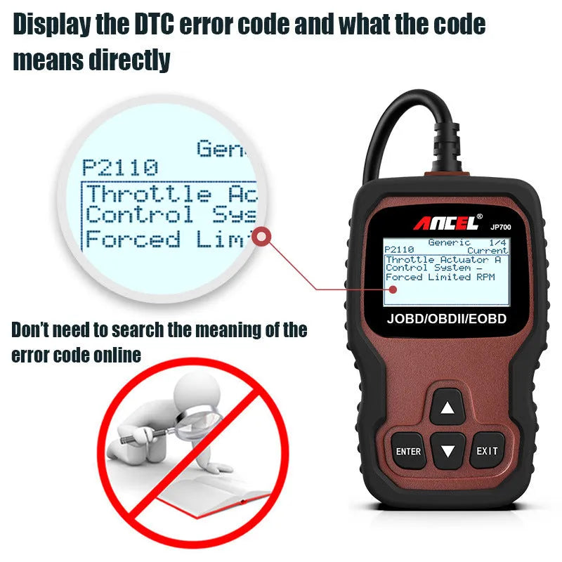 JP700 12V car engine code reader scanner with USB cable and manual, brown automobile fault detector