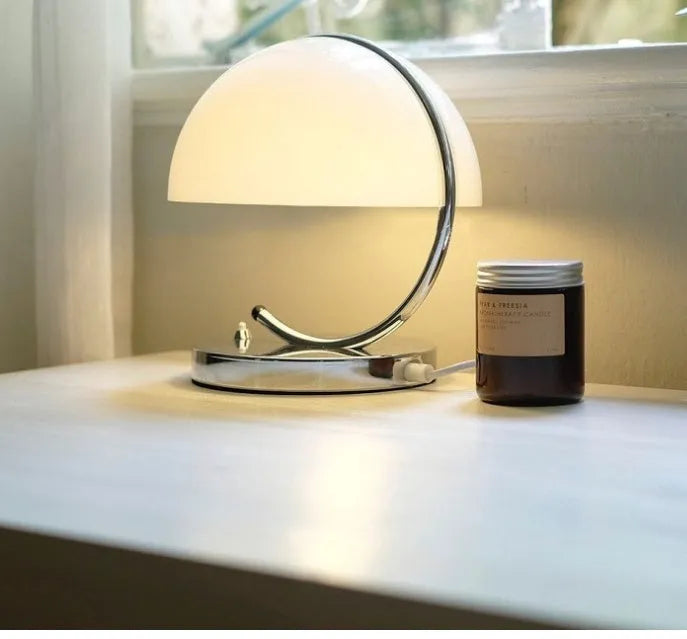 Retro space age table lamp with glass shade and LED light for living room study bedroom