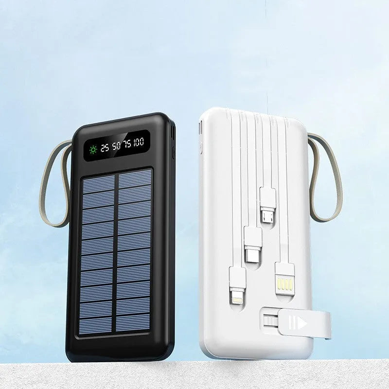 Black and white solar power bank showing front solar panel, dimensions 144mm x 68mm x 16mm, with included USB cable.