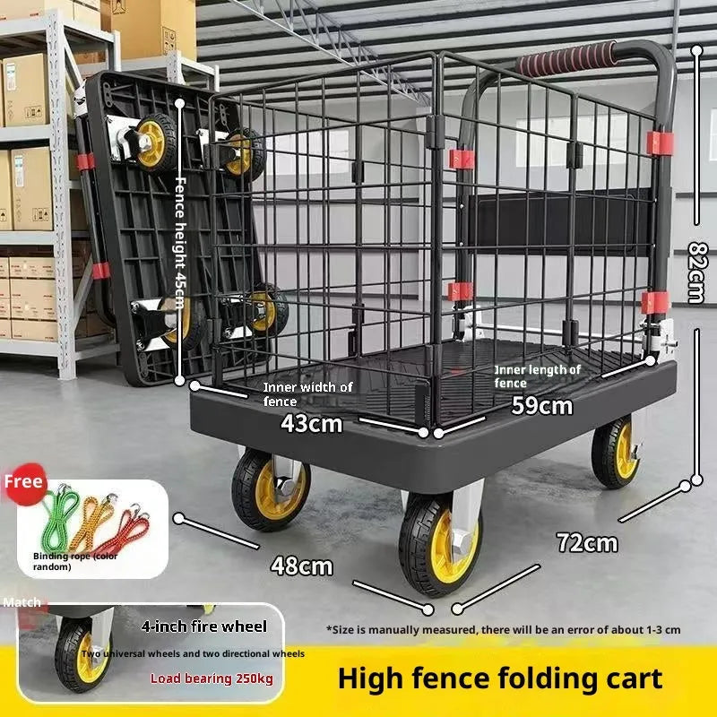 Black folding platform truck with fence 72x48 cm high strength plastic mute bearing 500 kg