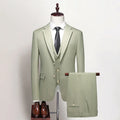 Men's light green 3-piece formal suit set with jacket, vest, and trousers, polyester viscose blend, flat collar