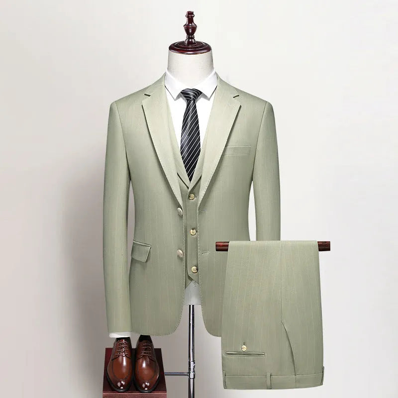 Men's light green 3-piece formal suit set with jacket, vest, and trousers, polyester viscose blend, flat collar