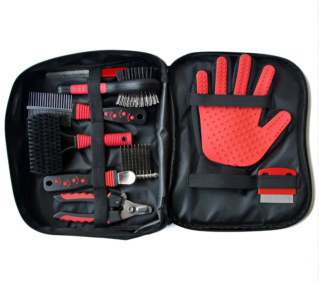 9-piece red pet cleaning set with Oxford waterproof bag, stainless steel and zinc alloy tools, 28x22x7cm