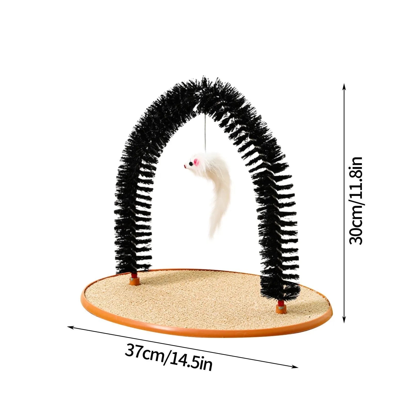 Black arch-shaped cat grooming brush with attached mouse toy on non-slip base