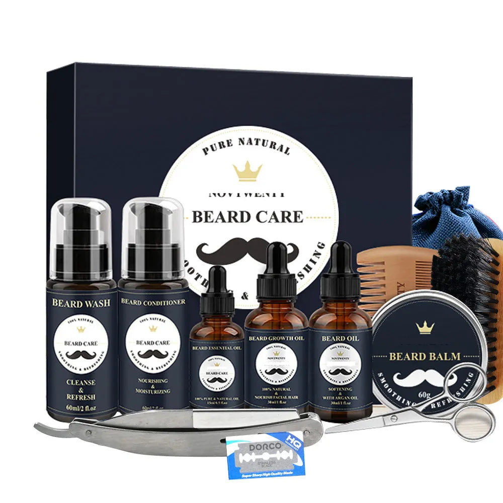 Beard grooming kit with peach wood tools, scissors, comb, brush, and balsam in a set.