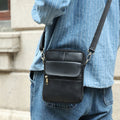 Men's brown genuine leather crossbody shoulder bag with sewing line detailing
