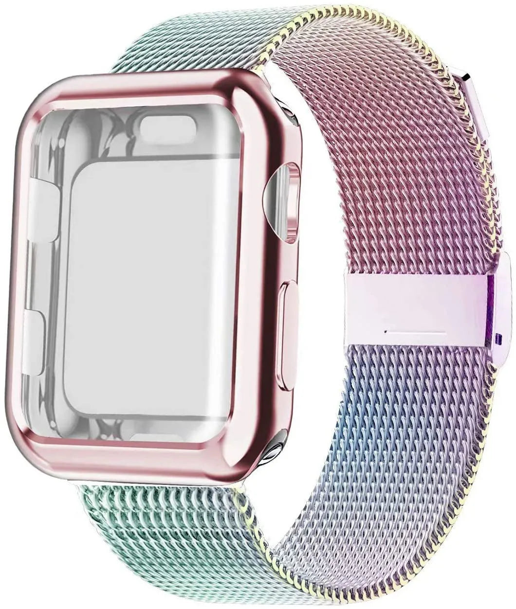 Apple Watch with magnetic Milanese loop metal strap in silver, showing adjustable magnetic clasp.