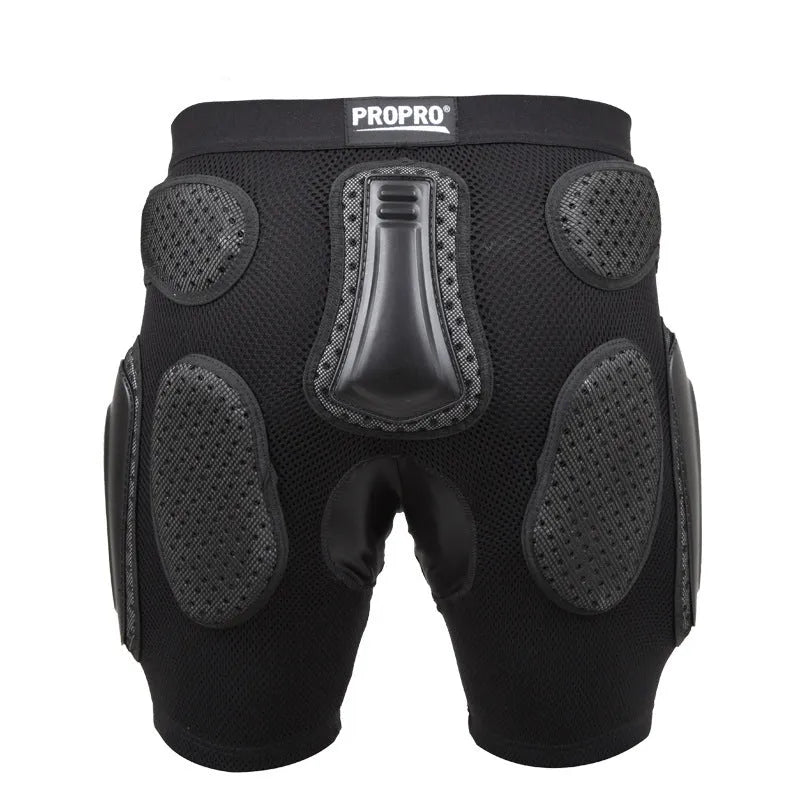 Black cycling protective pants with integrated hip pads, shown in size L for adult mountain bike or BMX use.