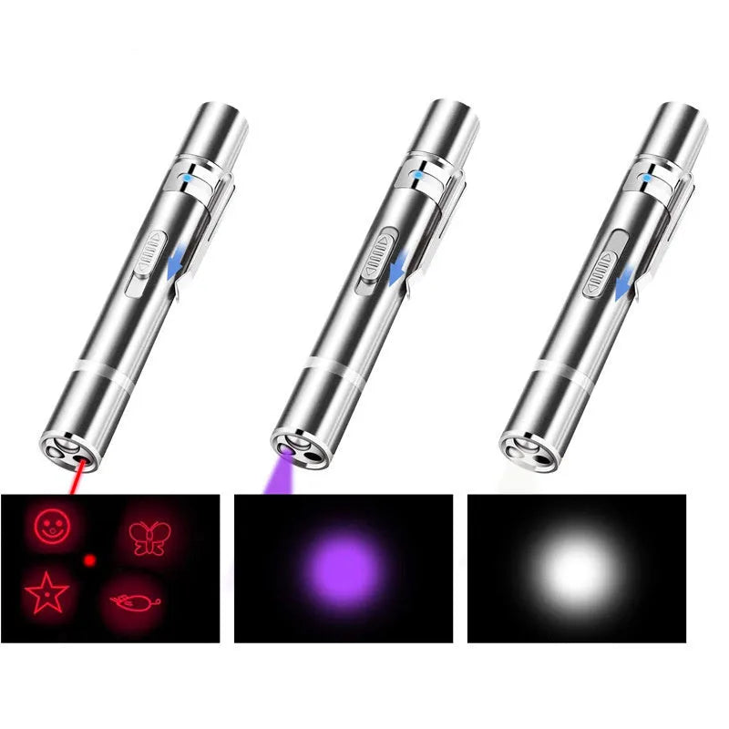 Laser pointer cat toy in stainless steel, 11.3 x 1.7 cm, with red dot LED and five light modes for cats and dogs.