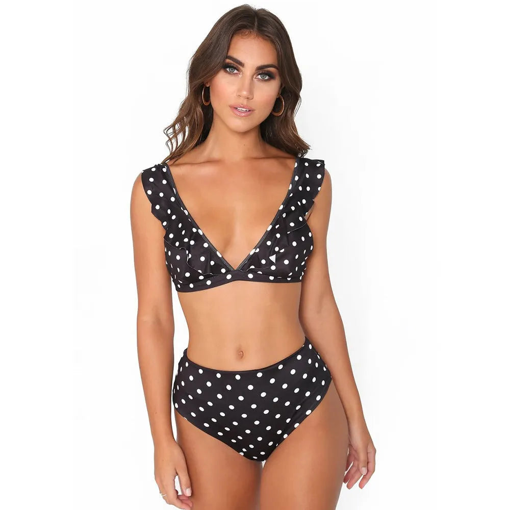 Women's polka dot print ruffled bikini set with deep V-neck top