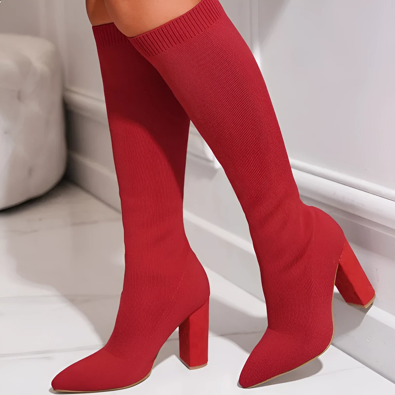 Women's thick high-heel thigh boots in solid black colour with PU upper and super high heel above 8cm