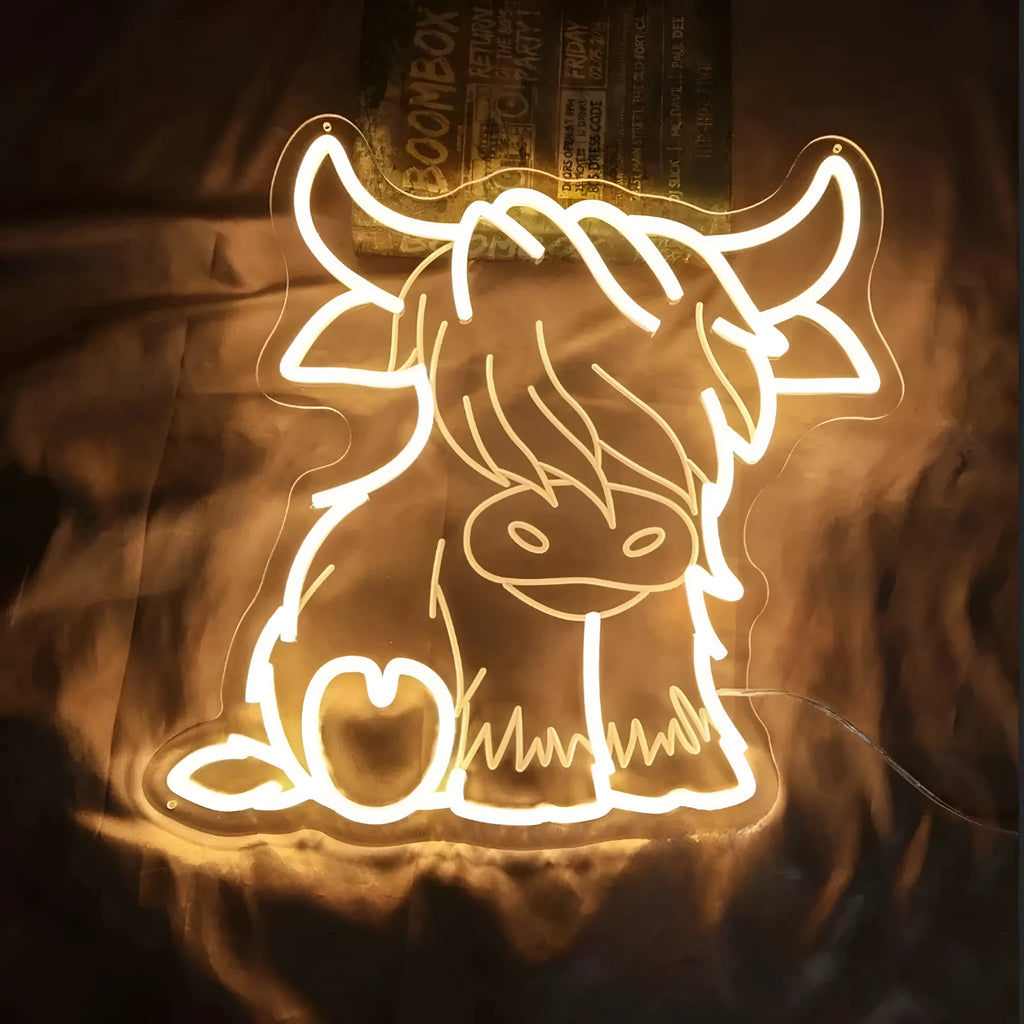 LED ambience light with highland cow acrylic design, USB plug-in, IP68 protection, PVC shell