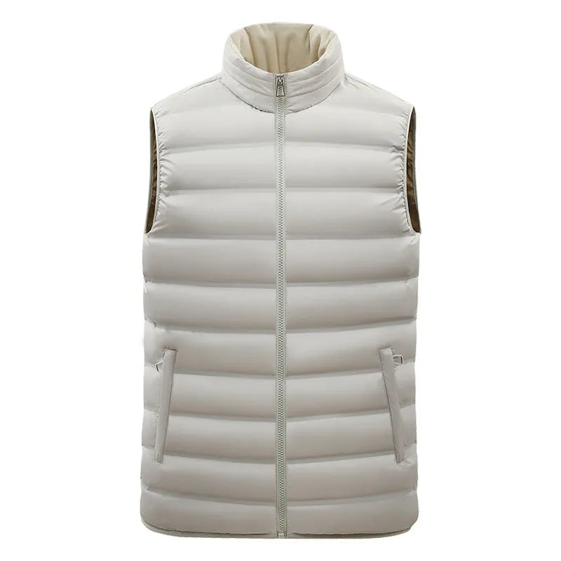 Men's thin cotton-padded vest with stand-up collar, zipper pockets, straight hem, available in black and other colours