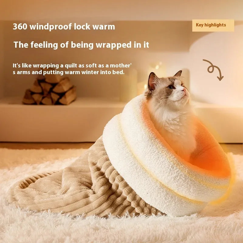 Brown grey or white L M size pet sleeping bag with semi-enclosed design and three-layer warm construction