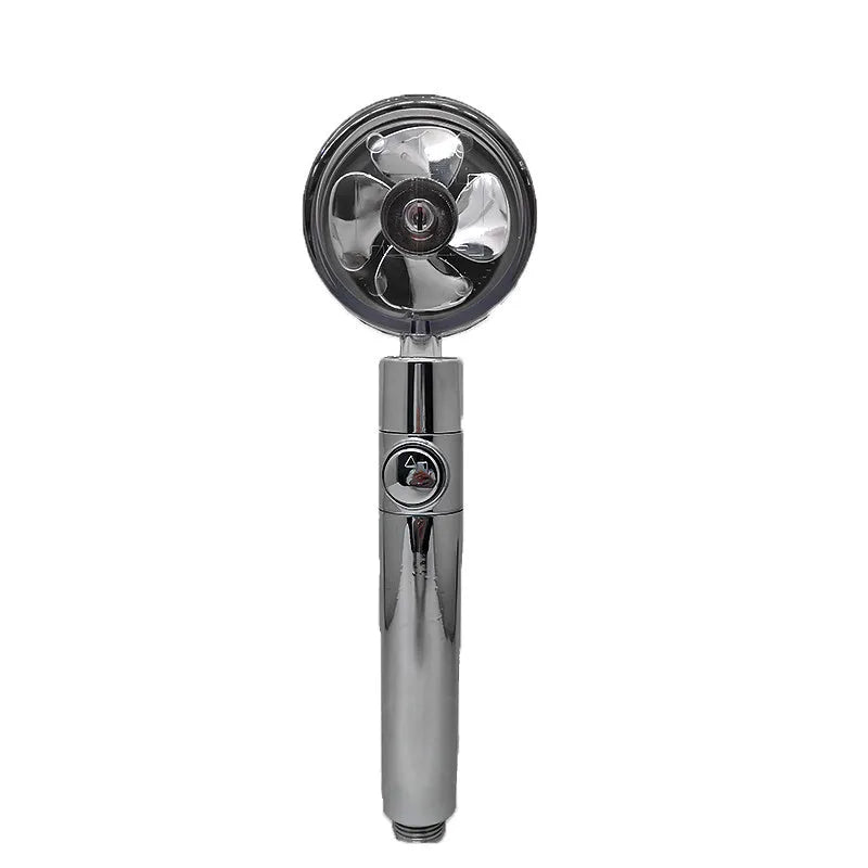 ABS plastic water-saving shower head with chrome finish and rotating spray nozzle