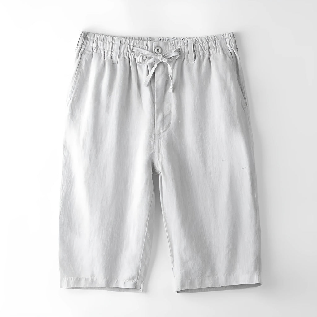 Men's light grey linen capris with straight-leg loose fit on hanger