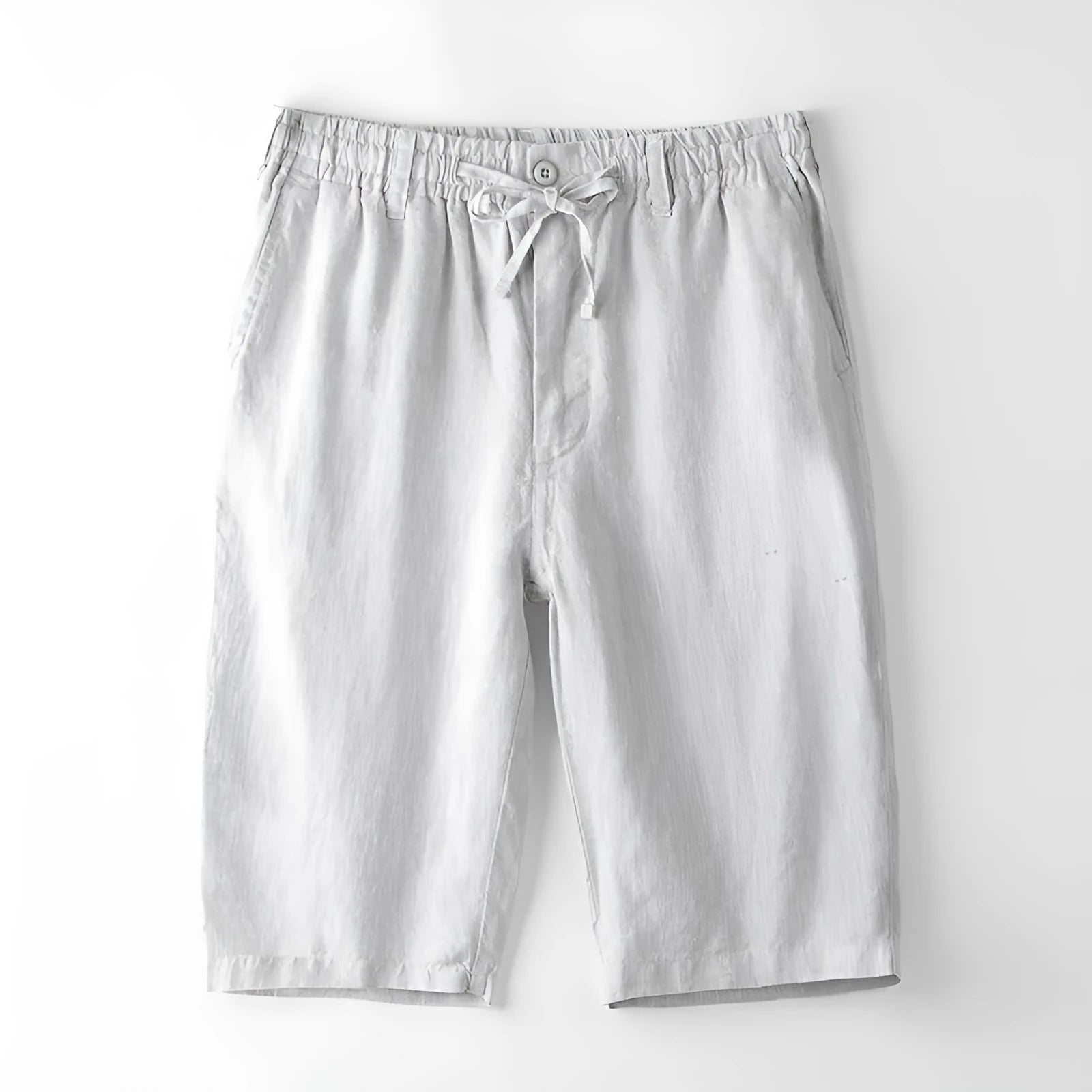 Men's light grey linen capris with straight-leg loose fit on hanger
