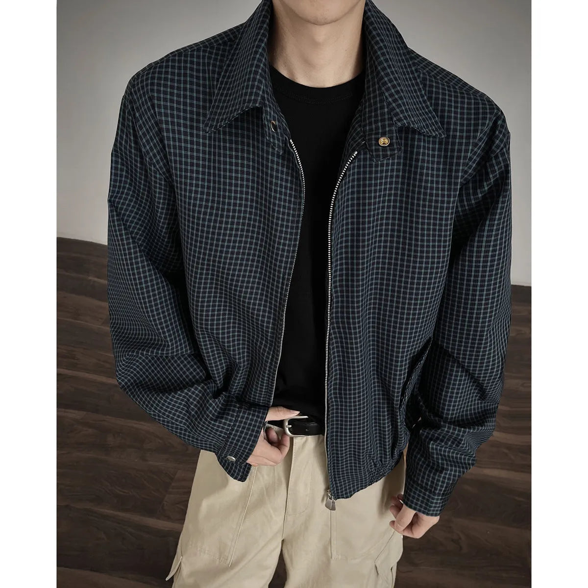 Korean style simple retro plaid short jacket with double zipper in gray plaid