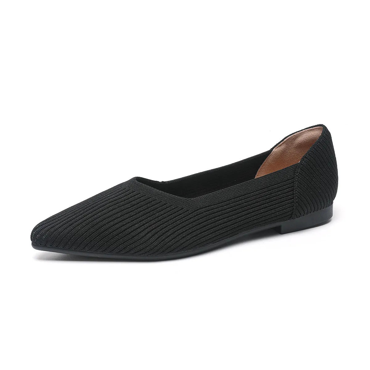 Women's apricot knit flat pumps with pointed toe and oversleeves design on a rubber sole.