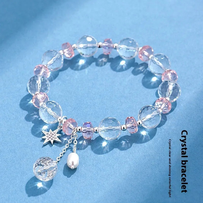 White crystal women's bracelet with diamond shapes and Lucky Cat charm in Korean style design