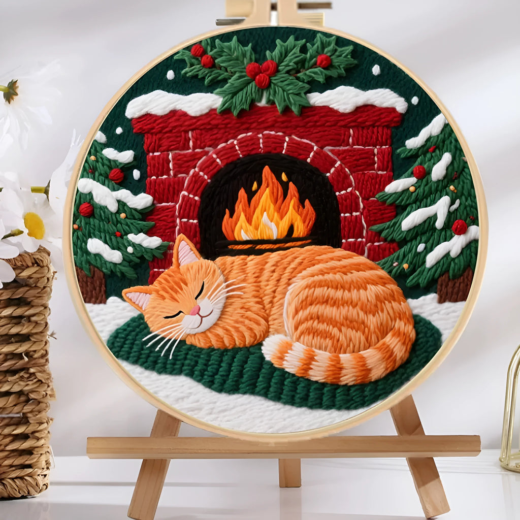 Cat embroidery DIY kit showing cotton linen fabric with autumn fruit pattern, a 20cm imitation bamboo hoop, and scissors.