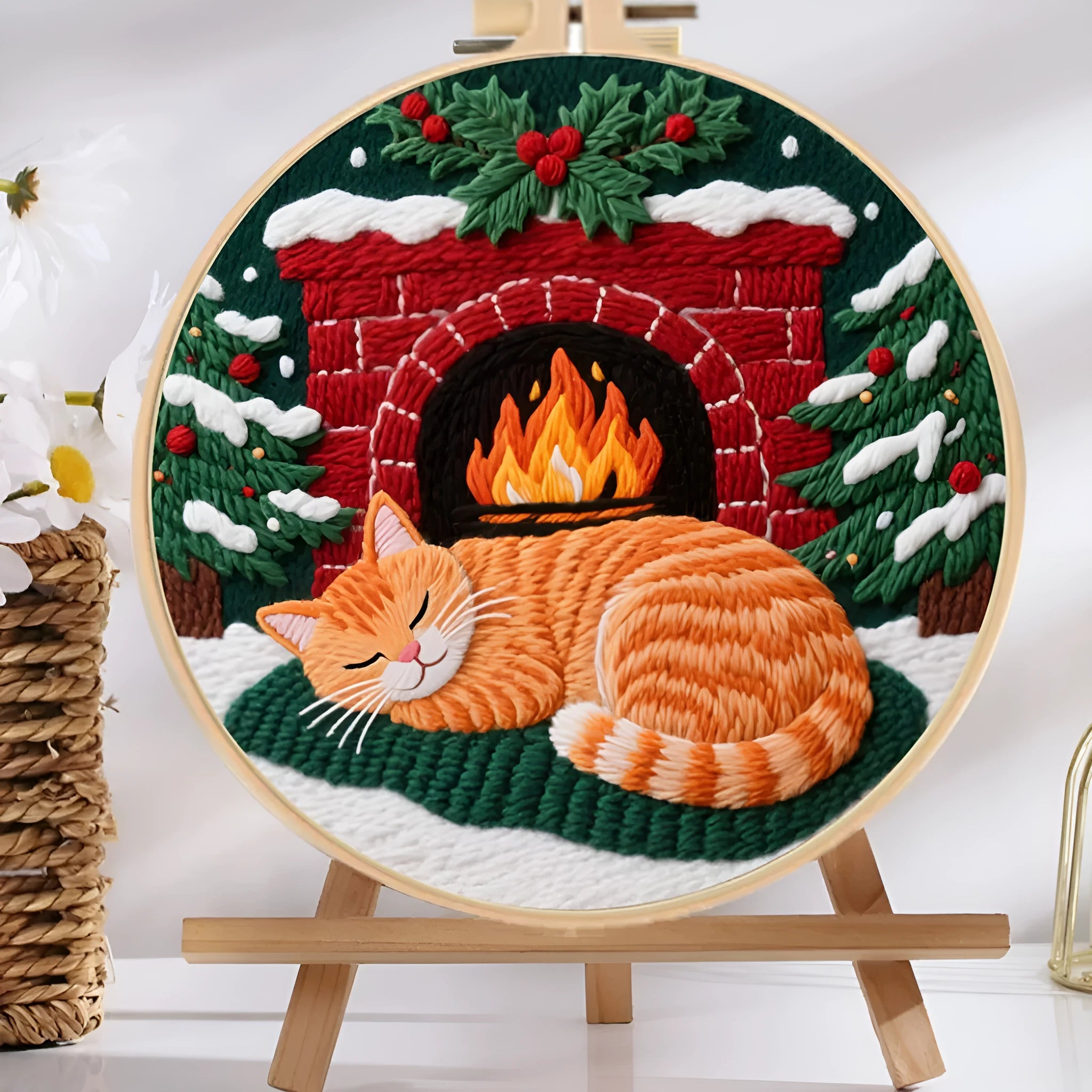 Cat embroidery DIY kit showing cotton linen fabric with autumn fruit pattern, a 20cm imitation bamboo hoop, and scissors.