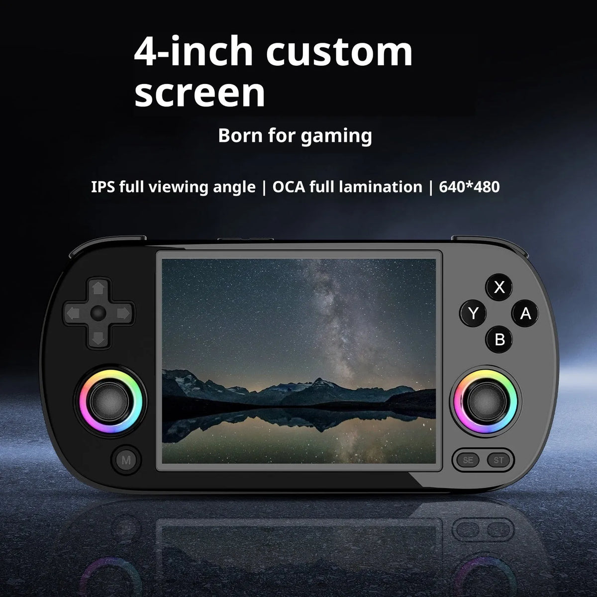 RG40XXH retro handheld game console in black connecting to TV with wireless handle