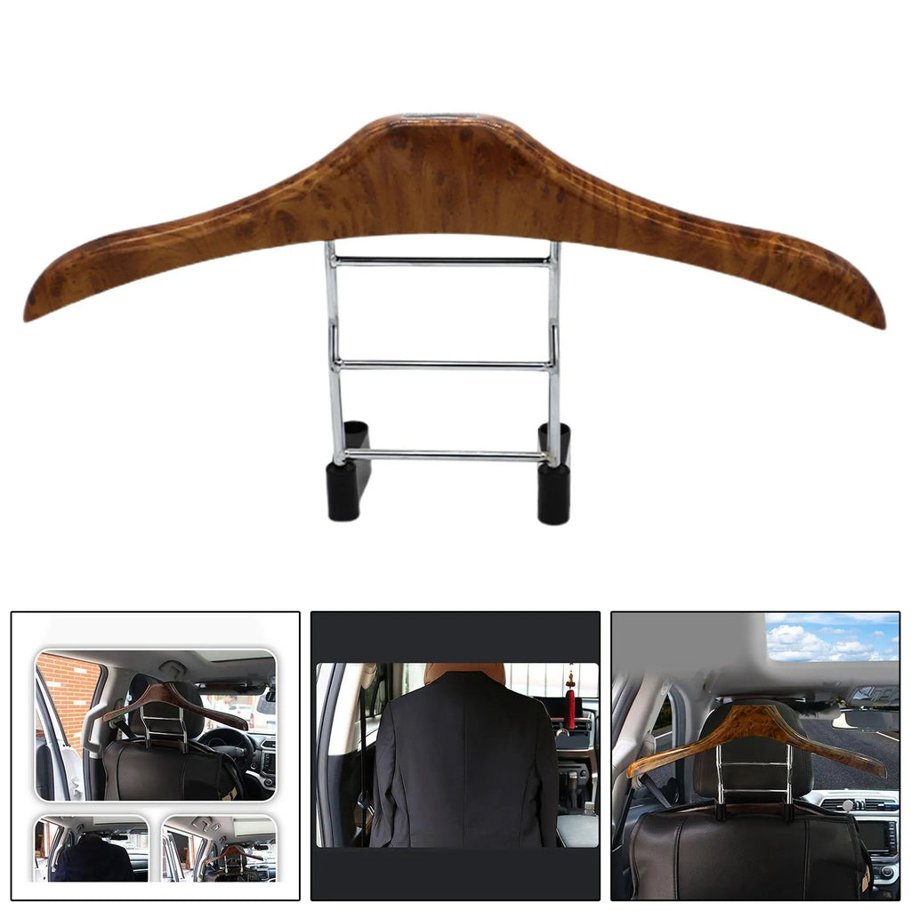 Wood yellow stainless steel car clothes hanger mounted on vehicle headrest