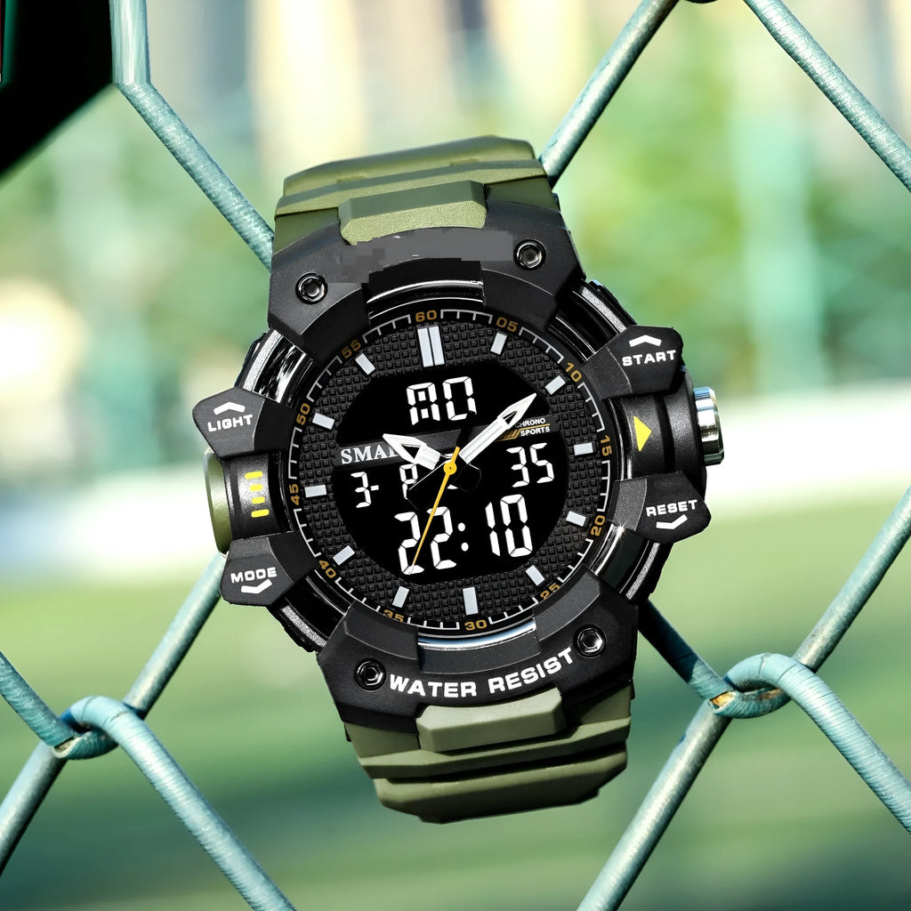Men's outdoor sports watch with 55mm circular dial and plastic strap in army green colour