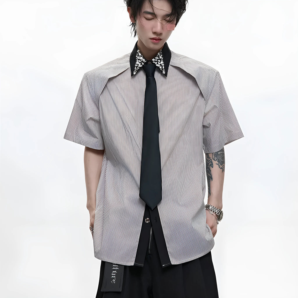 Men's blue patchwork striped shirt with diamond tie detail, loose fit, and button-down collar