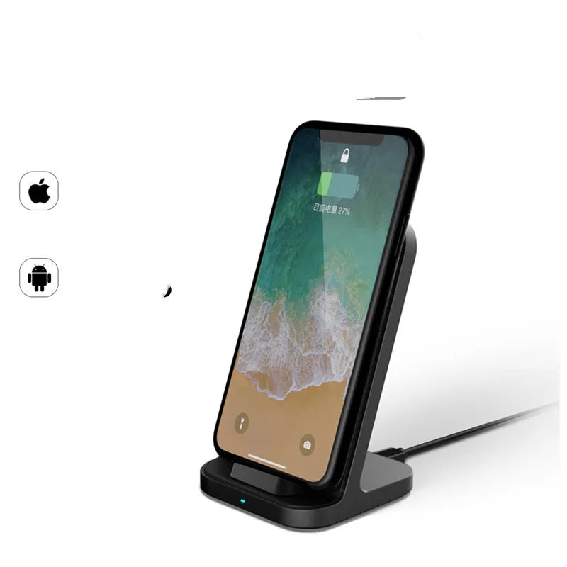 Dark grey vertical wireless charging stand for Apple phones on desktop