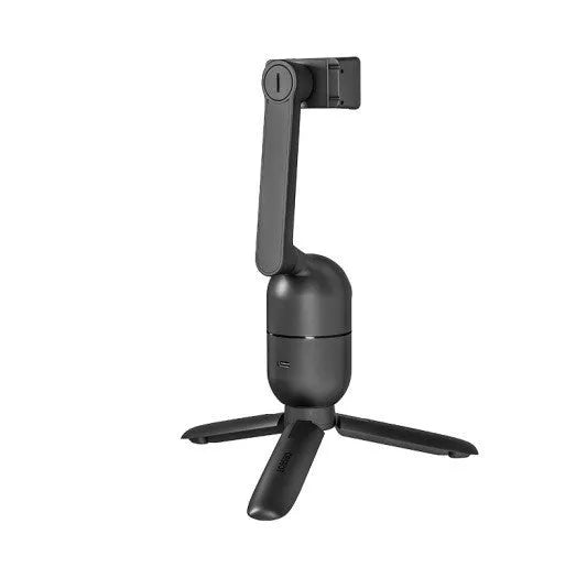 Black mobile phone bracket with face-following PTZ head mounted on a collapsible tripod.