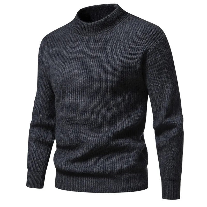 Men's casual knitted solid colour slim fit polyester sweater in dark gray, blue, and light brown, sizes M to XXXL