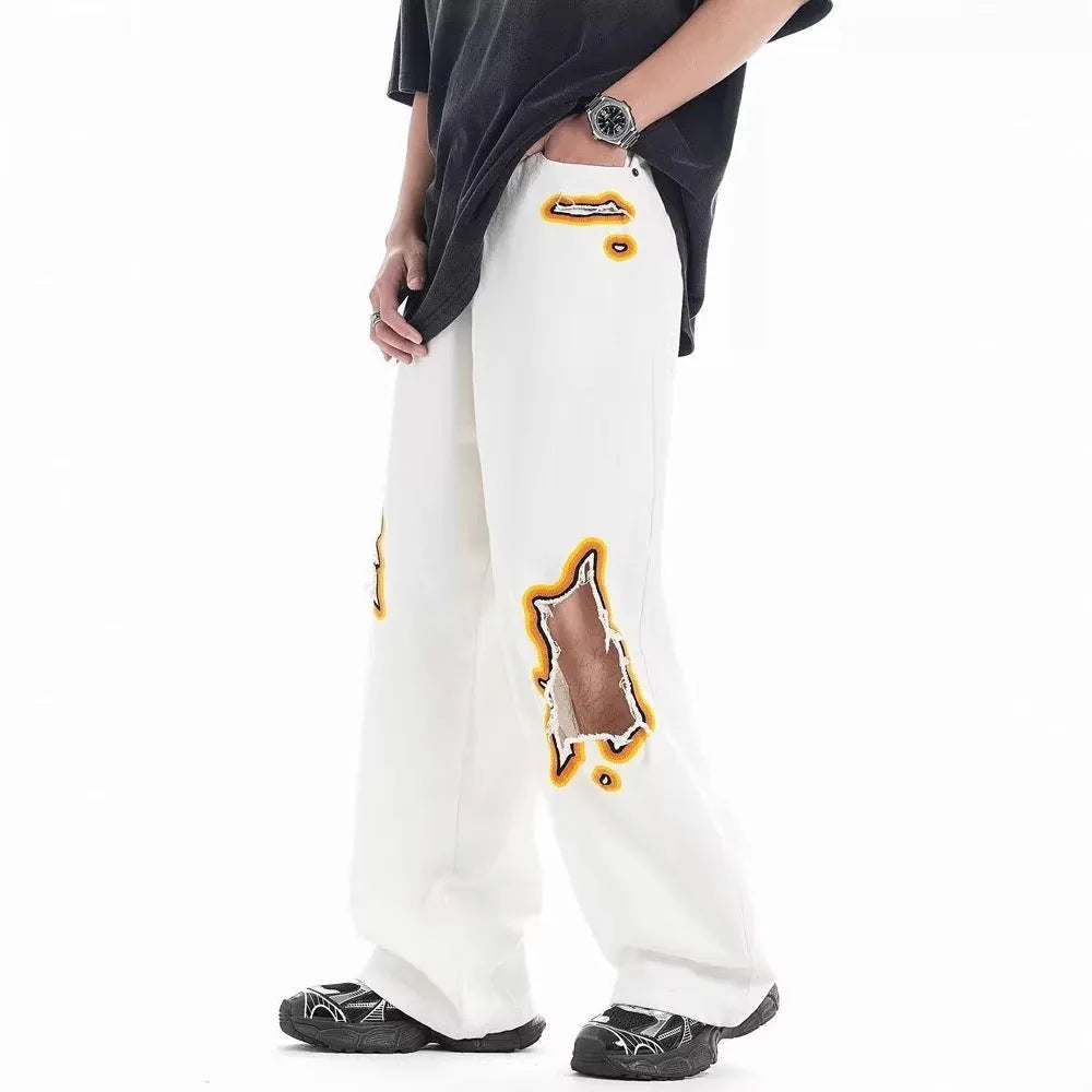 White retro washed ripped embroidery loose cotton blend trousers with zipper fly