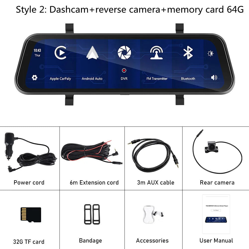 9.66-inch in-mirror car dash cam and video player displayed with mounting bracket and accessories