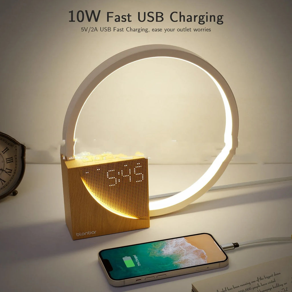 Wooden touch control bedside lamp with alarm clock display and natural sound options