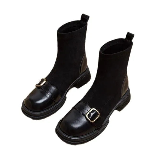 Retro British style brown sock boots for women with block heel, leather splicing, belt buckle, and round toe